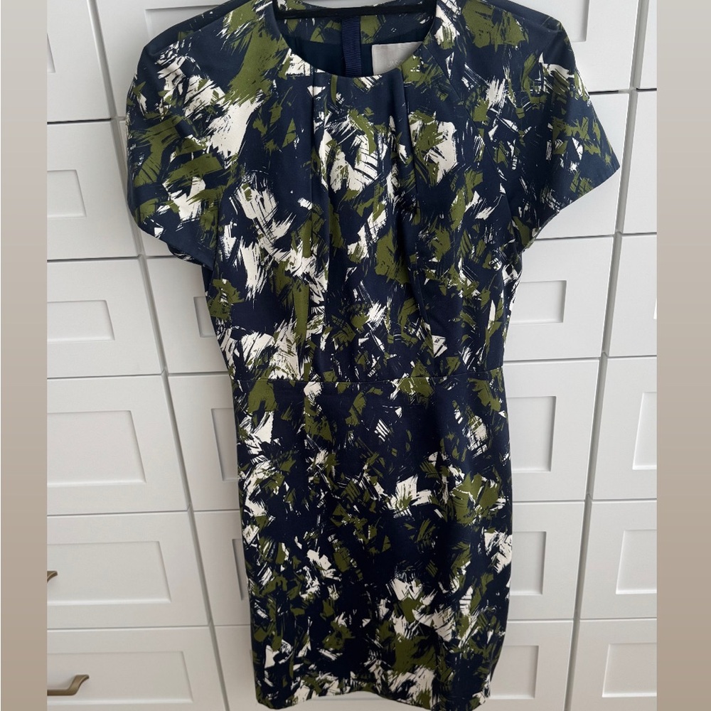 Jason Wu Navy, Olive & White Abstract Brushstroke Sheath Dress